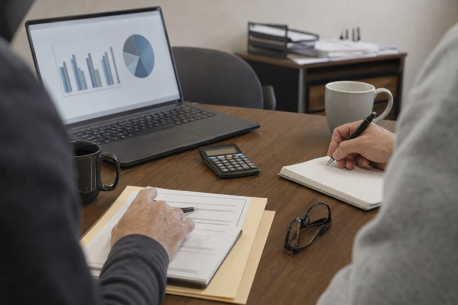 Over-the-shoulder view of two people at an office desk reviewing paperwork and taking notes beside a laptop showing charts, a calculator, coffee mugs and glasses