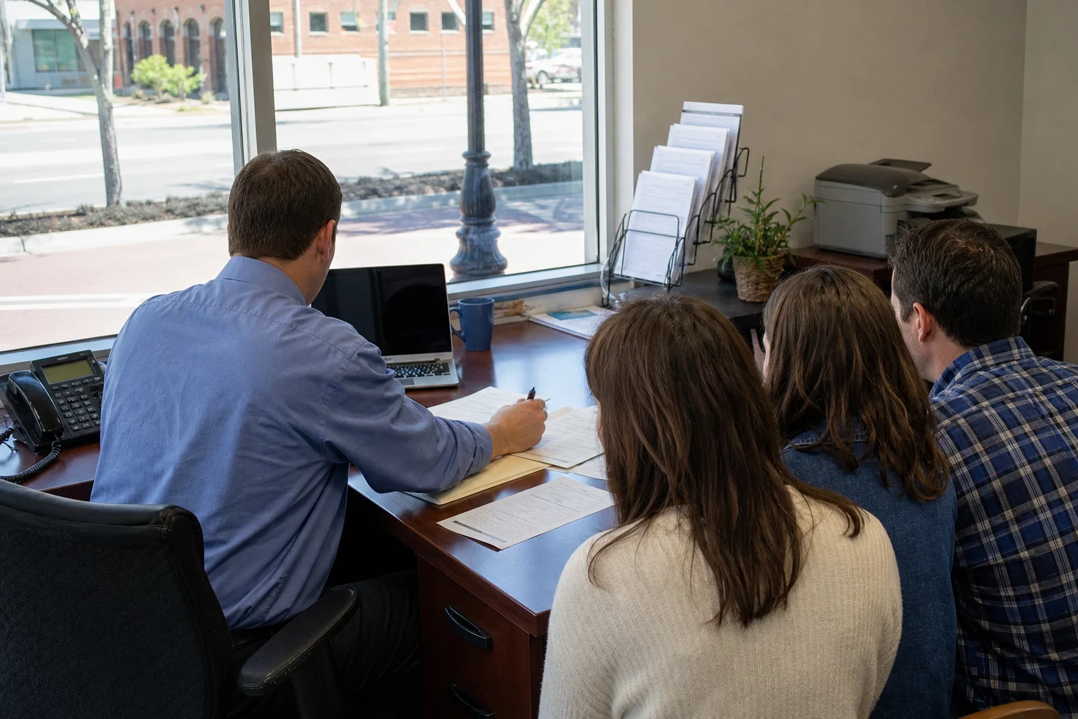 Insurance agent in a blue shirt writing on papers at an office desk by a large street-facing window as three adults sit beside him looking on