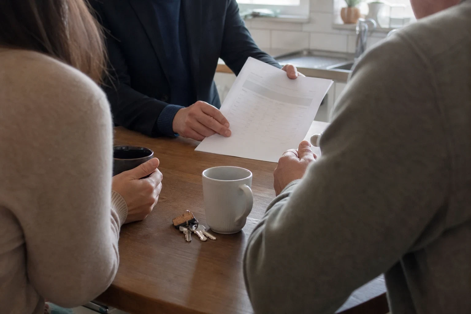 Couple seen from behind at a wooden kitchen table as an agent in a dark blazer holds a printed sheet, with coffee mugs and a set of house keys on the table