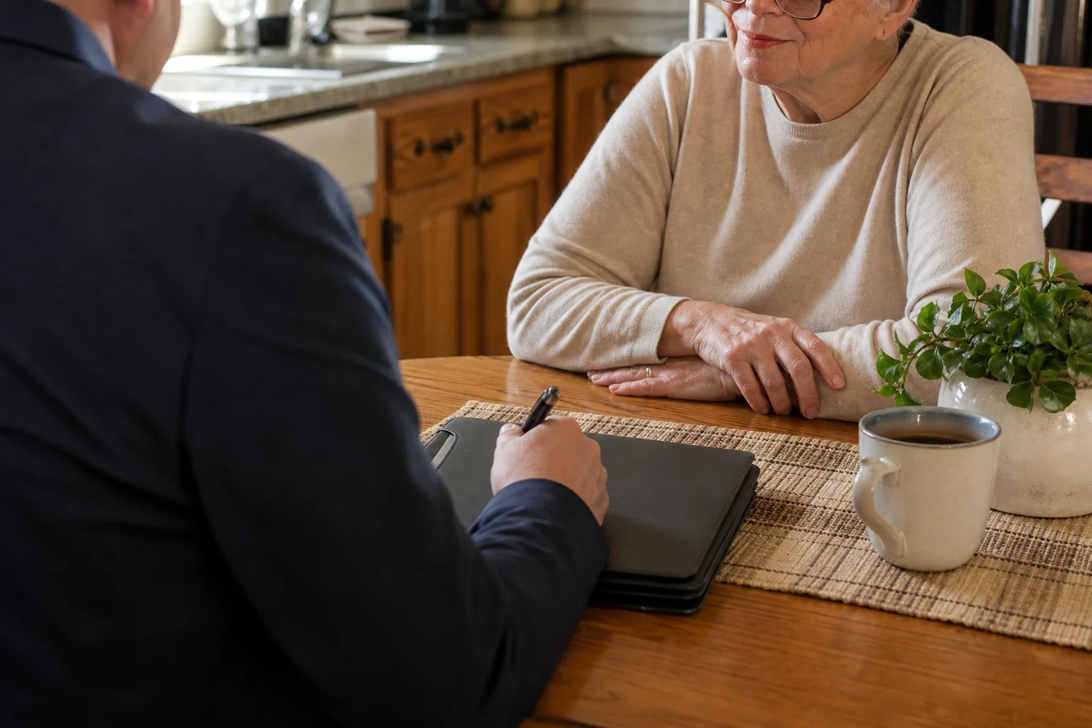 Agent in a dark suit holds a pen over a closed black folder at a wooden kitchen table across from an older woman in glasses, with a coffee mug and a small plant nearby