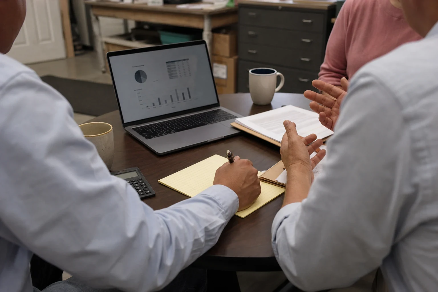 Over-the-shoulder view of three people at a round table with a laptop showing charts, a yellow legal pad, a calculator, papers and coffee mugs in a small back office
