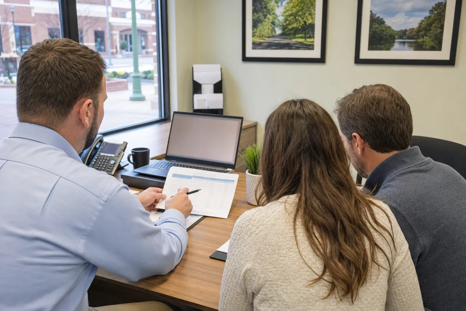 Insurance agent in a light blue shirt points a pen at a coverage sheet while a couple looks on at a wooden office desk with a laptop and a street-facing window