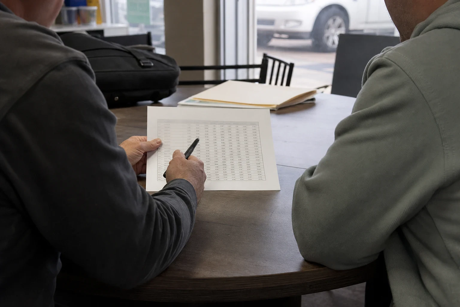 Two men seated at a round wooden table in a storefront office, one pointing a pen at a printed table of figures, with folders and a bag nearby and a window behind